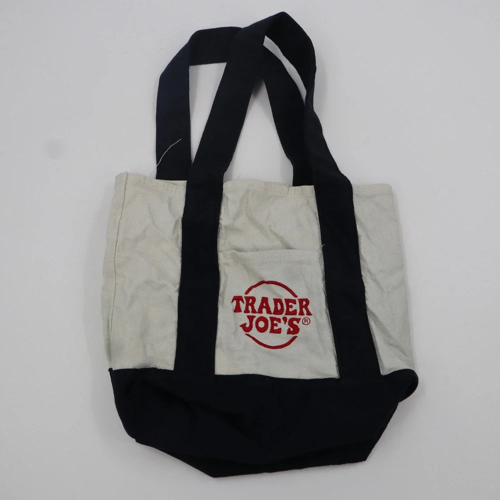 Trader Joe's Mini Canvas Tote Bag Small Navy Blue Cream Embroidered Reusable EUC